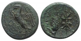 Southern Lucania, Metapontion, c. 300-250 BC. Æ (17mm, 3.60g, 3h). Eagle standing l., with wings spread; wreath to l. R/ Barley ear and thunderbolt. J...