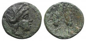 Southern Lucania, Metapontion, c. 225-200 BC. Æ (16mm, 4.22g, 12h). Wreathed head of Demeter r. R/ Two barley ears. Johnston 79; HNItaly 1715. Good Fi...
