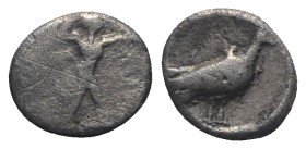 Southern Lucania, Sybaris, c. 453-448 BC. AR Triobol (8mm, 1.05g, 11h). Poseidon advancing r., wielding trident. R/ Bird standing r. within circular i...