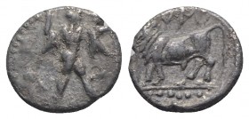 Southern Lucania, Sybaris, c. 446-440 BC. AR Triobol (9mm, 1.15g, 12h). Poseidon standing r., holding raised trident, chlamys draped over arm. R/ Bull...