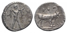 Southern Lucania, Sybaris, c. 446-440 BC. AR Triobol (10mm, 1.27g, 12h). Poseidon standing r., holding raised trident, chlamys draped over arm. R/ Bul...