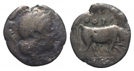 Southern Lucania, Thourioi, c. 443-400 BC. AR Triobol (10mm, 1.11g, 1h). Helmeted head of Athena r., helmet decorated with wreath. R/ Bull standing r....
