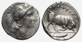 Southern Lucania, Thourioi, c. 400-350 BC. AR Stater (21mm, 7.74g, 3h). Helmeted head of Athena r., helmet decorated with Skylla pointing and holding ...