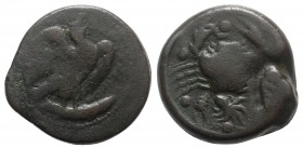 Sicily, Akragas, c. 415-406 BC. Æ Hemilitron (29mm, 25.48g, 11h). Eagle standing r. on tunny. R/ Crab; conch shell and octopus below, six pellets arou...