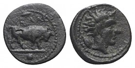 Sicily, Gela, c. 420-405 BC. Æ Onkia (10.5mm, 1.08g, 5h). Bull standing r.; barley grain or leaf above. R/ Horned head of Gelas r.; barley grain to l....