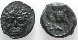 Sicily, Kamarina, c. 420-405 BC. Æ Tetras (13mm, 3.33g, 3h). Facing gorgoneion. R/ Owl standing l., holding lizard. CNS III, 20; SNG ANS 1226; HGC 2, ...