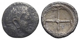 Sicily, Syracuse. Hieron I (478-466 BC). AR Obol (8mm, 0.44g), c. 475-470. Diademed head of Arethusa r. R/ Wheel of four spokes. SNG ANS 116; HGC 2, 1...
