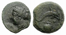 Sicily, Syracuse, c. 415-405 BC. Æ Hemilitron (16mm, 3.12g, 9h). Head of Arethusa l., hair bound in ampyx and sphendone; two leaves to r. R/ Dolphin s...