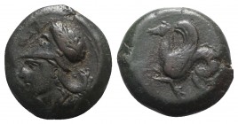 Sicily, Syracuse, 400-390 BC. Æ Hemilitron (21mm, 9.54g, 9h). Head of Athena l., wearing Corinthian helmet decorated with wreath. R/ Hippocamp l. CNS ...