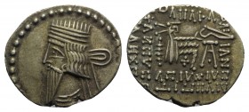 Kings of Parthia, Artabanos V (c. AD 80-90). AR Drachm (21mm, 3.80g, 12h). Ekbatana. Diademed bust l. R/ Archer (Arsakes I) seated r. on throne, holdi...