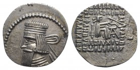 Kings of Parthia, Artabanos V (c. AD 80-90). AR Drachm (20mm, 3.83g, 12h). Ekbatana. Diademed bust l. R/ Archer (Arsakes I) seated r. on throne, holdi...