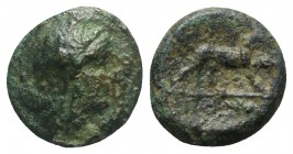 Anonymous, Rome, c. 234-231 BC. Æ (10mm, 1.57g, 3h). Helmeted head of Roma r. R/ Dog standing r. Crawford 26/4; HNItaly 309; RBW 51. Green patina, Fin...