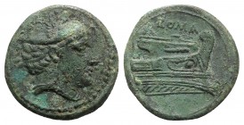 Anonymous, Rome, 217-215 BC. Æ Semuncia (21mm, 7.10g, 12h). Head of Mercury r., wearing winged petasus. R/ Prow r. Crawford 38/7; RBW 100. Green patin...