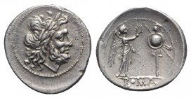Anonymous, Rome, after 211 BC. AR Victoriatus (18mm, 2.87g, 11h). Laureate head of Jupiter r. R/ Victory standing r., crowning trophy. Crawford 53/1; ...