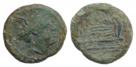 Anonymous, Rome, after 211 BC. Æ Semuncia (13mm, 2.08g, 11h). Head of Mercury r., wearing winged petasus. R/ Prow r. Crawford 56/8; RBW 216. Green pat...