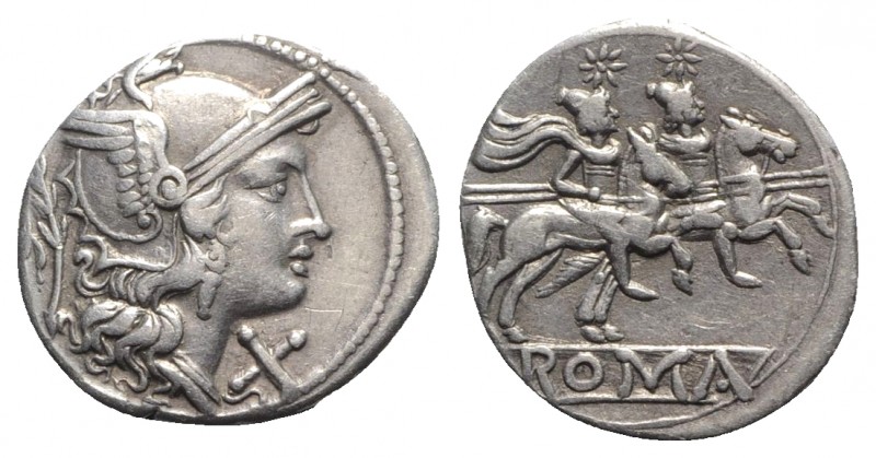 Branch series, Sicily, 209-208 BC. AR Denarius (19mm, 3.98g, 6h). Helmeted head ...