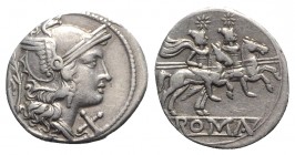Branch series, Sicily, 209-208 BC. AR Denarius (19mm, 3.98g, 6h). Helmeted head of Roma r.; laurel branch to l. R/ The Dioscuri on horseback riding r....