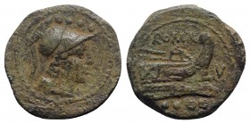 V series, South East Italy, 211-210. Æ Triens (23mm, 9.40g, 3h). Helmeted head of Minerva r. R/ Prow r.; V to r. Crawford 87/3; RBW 367. Scarce, green...