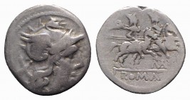 MA series, Uncertain mint, c. 199-170 BC. AR Denarius (16.5mm, 3.42g, 3h). Helmeted head of Roma r. R/ The Dioscuri, each holding spear, on horseback ...
