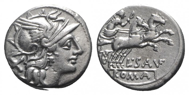 L. Saufeius, Rome, 152 BC. AR Denarius (17mm, 4.00g, 6h). Helmeted head of Roma ...