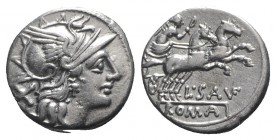 L. Saufeius, Rome, 152 BC. AR Denarius (17mm, 4.00g, 6h). Helmeted head of Roma r. R/ Victory, holding reins and whip, driving galloping biga r. Crawf...