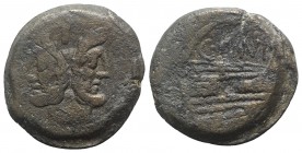 C. Junius C.f., Rome, 149 BC. Æ As (32mm, 23.83g, 9h). Laureate head of bearded Janus. R/ Prow of galley r.; C. IVNI above. Crawford 210/2; RBW 894. G...