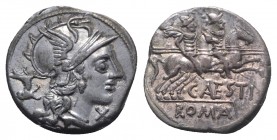 C. Antestius, Rome, 146 BC. AR Denarius (18mm, 3.55g, 1h). Helmeted head of Roma r.; dog upward behind. R/ The Dioscuri, each holding spear, on horseb...