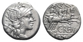 C. Renius, Rome, 138 BC. AR Denarius (16mm, 4.00g, 11h). Helmeted head of Roma r. R/ Juno Caprotina driving biga of goats r., holding whip, reins, and...