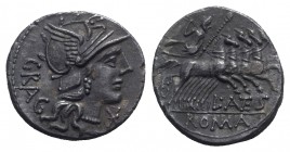L. Antestius Gragulus, Rome, 136 BC. AR Denarius (18mm, 3.78g, 11h). Helmeted head of Roma r. R/ Jupiter driving quadriga r., holding reins and sceptr...
