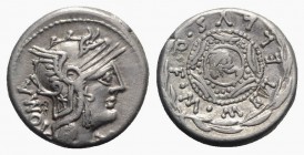 M. Caecilius Q.f. Q.n. Metellus, Rome, 127 BC. AR Denarius (17mm, 3.87g, 9h). Helmeted head of Roma r., star on flap; to l., Roma upwards. R/ Macedoni...
