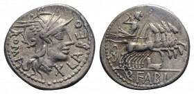 Q. Fabius Labeo, Rome, 124 BC. AR Denarius (19mm, 3.91g, 6h). Helmeted head of Roma r. R/ Jupiter driving galloping quadriga r., hurling thunderbolt, ...
