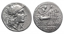M. Papirius Carbo, Rome, 122 BC. AR Denarius (19mm, 3.89g, 2h). Helmeted head of Roma r.; behind, branch. R/ Jupiter in prancing quadriga r., hurling ...