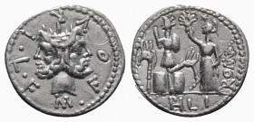 M. Furius L.f. Philus, Rome, 120 BC. AR Denarius (20mm, 3.88g, 12h). Laureate head of Janus. R/ Roma standing l., holding spear and crowning trophy of...