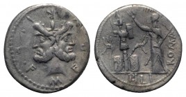 M. Furius L.f. Philus, Rome, 120 BC. AR Denarius (20mm, 3.84g, 1h). Laureate head of Janus. R/ Roma standing l., holding spear and crowning trophy of ...