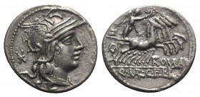 Q. Marcius, C. Fabius, and L. Roscius, Rome, 118-117 BC. AR Denarius (20mm, 3.86g, 6h). Helmeted head of Roma r. R/ Victory driving galloping quadriga...
