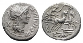 M. Cipius M.f., Rome, 115-114 BC. AR Denarius (16mm, 3.90g, 3h). Helmeted head of Roma r. R/ Victory driving galloping biga r., holding reins and palm...
