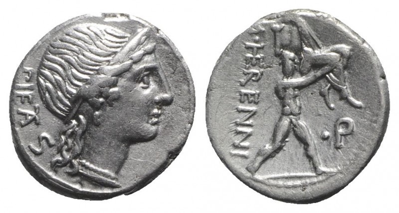 M. Herennius, Rome, 108-107 BC. AR Denarius (17mm, 3.81g, 11h). Diademed head of...