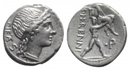 M. Herennius, Rome, 108-107 BC. AR Denarius (17mm, 3.81g, 11h). Diademed head of Pietas r. R/ Amphinomus carrying his father aloft r., who looks back;...