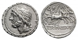 L. Scipio Asiagenus, Rome, 106 BC. AR Serrate Denarius (19mm, 3.92g, 3h). Laureate head of Jupiter l. R/ Jupiter holding sceptre and thunderbolt in qu...