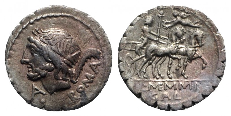 L. Memmius Galeria, Rome, 106 BC. AR Serrate Denarius (19mm, 3.74g, 11h). Laurea...