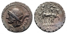L. Memmius Galeria, Rome, 106 BC. AR Serrate Denarius (19mm, 3.74g, 11h). Laureate head of Saturn l.; control to l., harpa to r. R/ Venus driving biga...