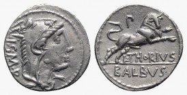 L. Thorius Balbus, Rome, c. 105 BC. AR Denarius (19mm, 3.92g, 6h). Head of Juno Lanuvium r., wearing goat skin. R/ Bull charging r.; P above. Crawford...