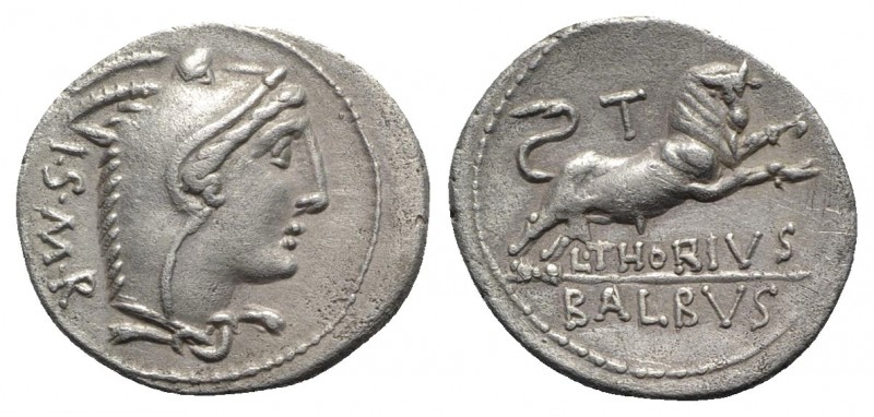 L. Thorius Balbus, Rome, c. 105 BC. AR Denarius (20mm, 3.85g, 5h). Head of Juno ...