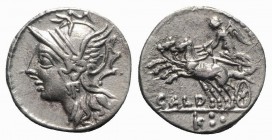 C. Coelius Caldus, Rome, 104 BC. AR Denarius (18mm, 3.79g, 5h). Helmeted head of Roma l. R/ Victory in biga l.; control mark in exergue. Crawford 318/...