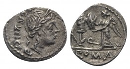 C. Egnatuleius C.f., Rome, 97 BC. AR Quinarius (15mm, 1.68g, 3h). Laureate head of Apollo. R/ Victory standing l., inscribing shield attached to troph...