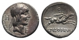 L. Calpurnius Piso Frugi, Rome, 90 BC. AR Denarius (16mm, 4.01g, 9h). Laureate head of Apollo r.; K behind, E before. R/ Horseman galloping r., holdin...