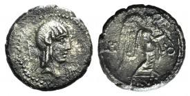 L. Calpurnius Piso Frugi, Rome, 90 BC. AR Quinarius (14mm, 2.01g, 12h). Laureate head of Apollo r.; spear behind, control mark before. R/ Victory adva...