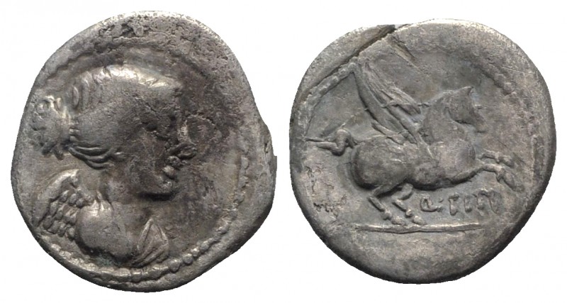 Q. Titius, Rome, 90 BC. AR Quinarius (14mm, 1.89g, 11h). Draped and winged bust ...