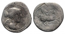 Q. Titius, Rome, 90 BC. AR Quinarius (14mm, 1.89g, 11h). Draped and winged bust of Victory r. R/ Pegasus springing r. Crawford 341/3; RBW 1276; RSC Ti...
