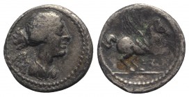 Q. Titius, Rome, 90 BC. AR Quinarius (13mm, 1.95g, 9h). Draped and winged bust of Victory r. R/ Pegasus springing r. Crawford 341/3; RBW 1276; RSC Tit...